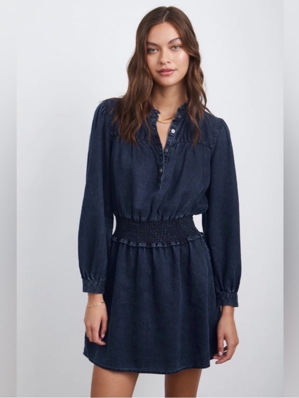 Rails Navy Smocked-Waist Long Sleeve Mini Dress Fall